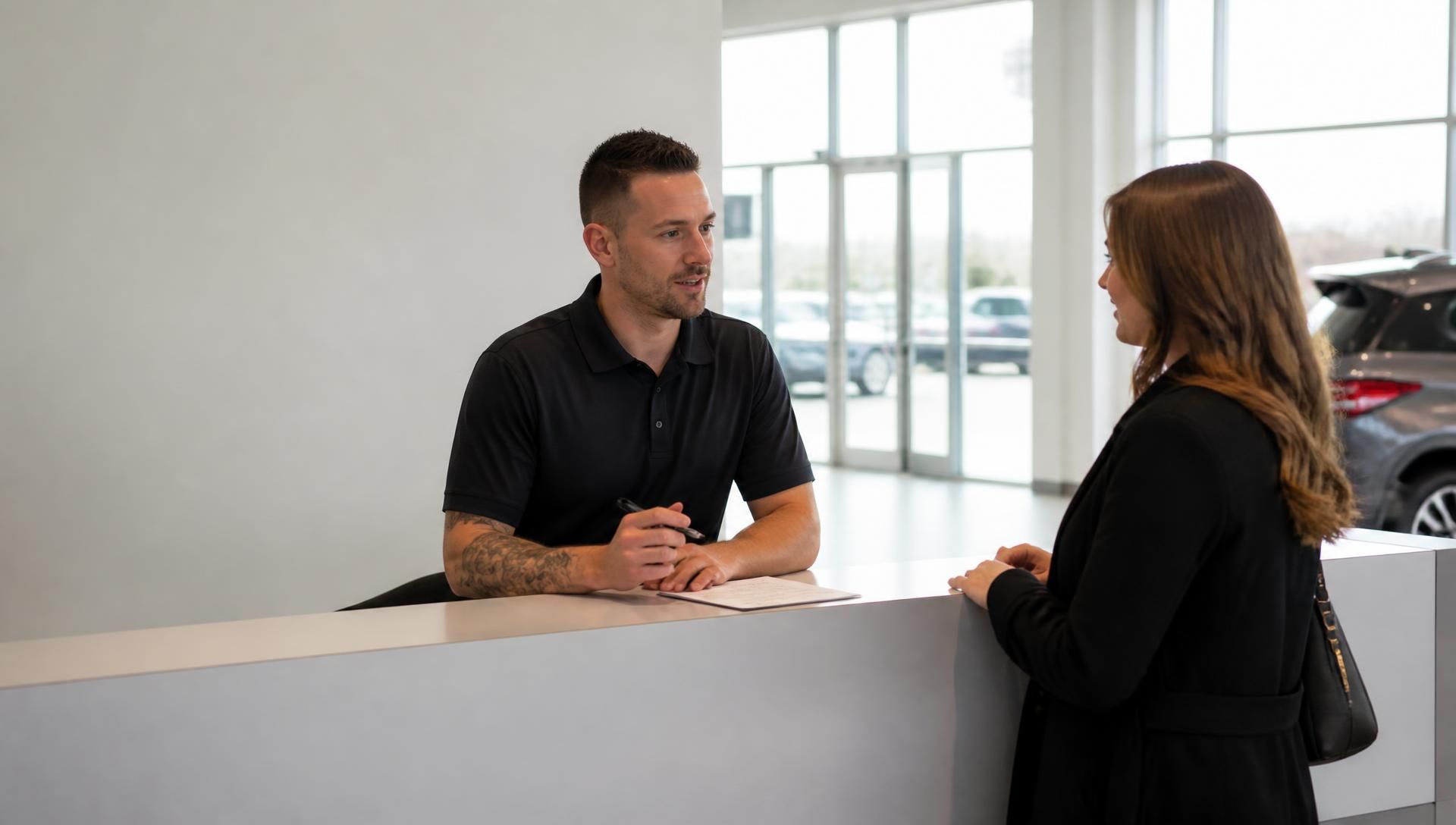 Serviceberater im Gespräch mit einer Kundin im Autohaus
